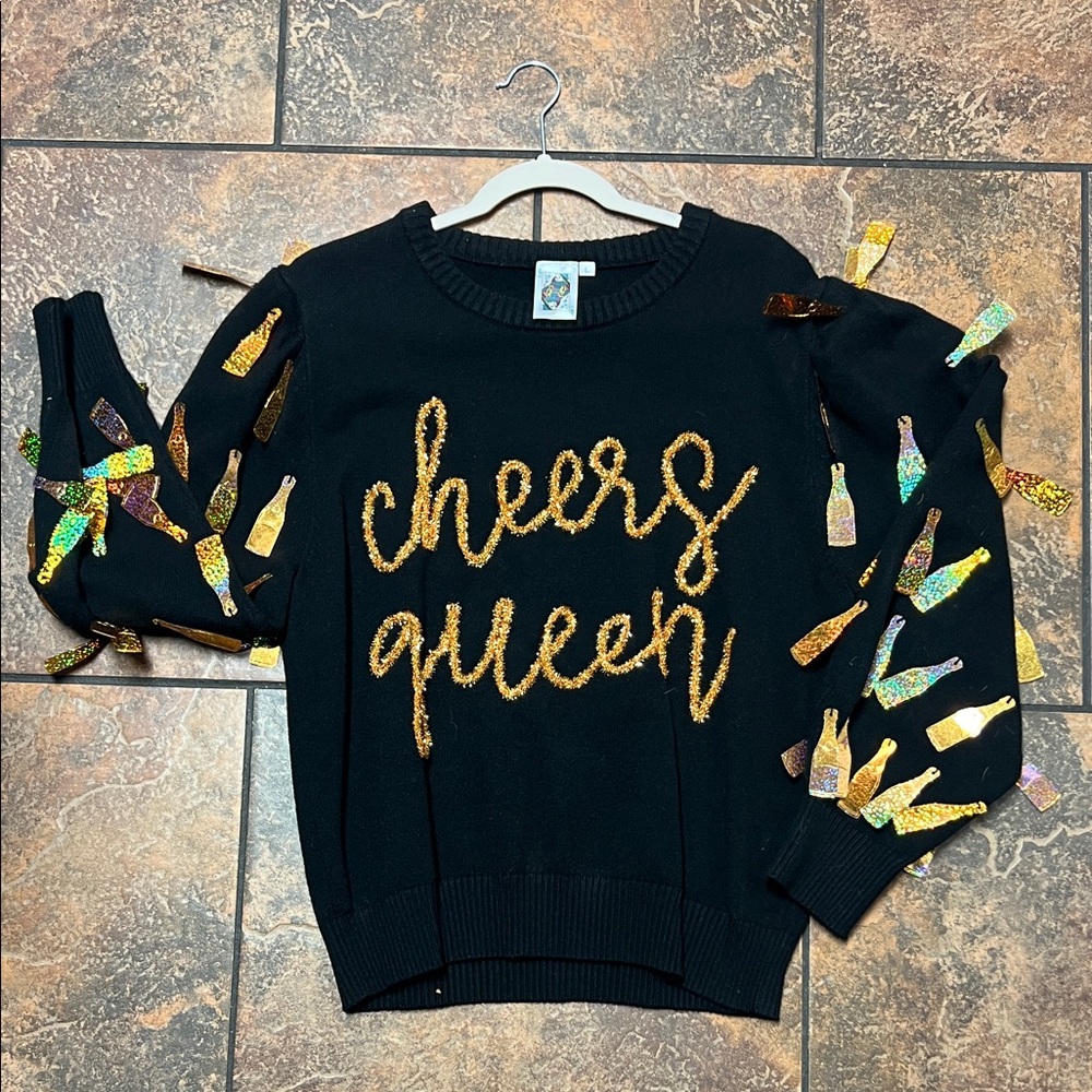 Queen of Sparkles Black 'Cheers Queen' Sweater with Gold Accents